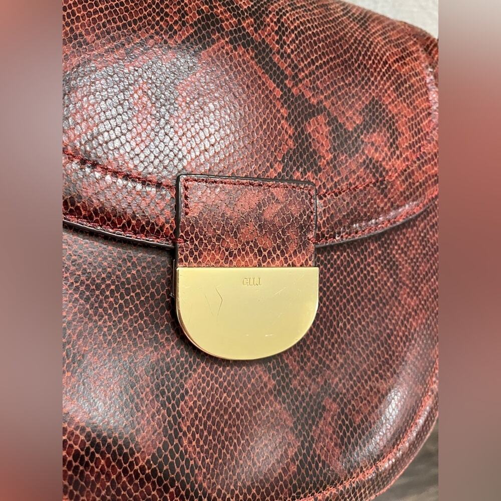 GILI Red Python Embossed Leather Saddle Bag Crossbody Shoulder Gold Hardware - Picture 5 of 16